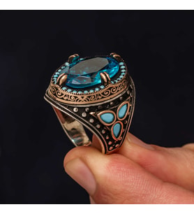 Gümüş Aquamarine Taşlı Erkek Yüzük
