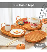 Porsima 708-A Oval 3'lü Dekoratif Ev Mutfak Düzenleyici Kulplu Hasır Sepet Seti Hasır Tepsi Takımı