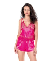 Kadın Babydoll Gecelik - Fuşya Saten Şort Takımı