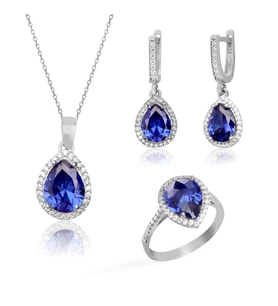 925 Ayar Gümüş Kristal Safir Su Damlası Takı Seti
