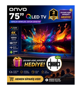Onvo 75VQ90F3UA 75'' 190 Ekran Uydu Alıcılı 4K Ultra Hd Google Smart QLED Tv +Askı Aparatı Hediye