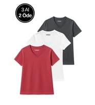 Kadın 3'lü Paket Antrasit-Beyaz-Pembe Oversize Tişört %100 Pamuk V Yaka T-Shirt