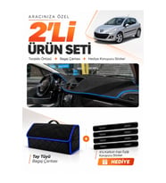 PEUGEOT 207 (2007-2012) Uyumlu Torpido Örtüsü + Tay Tüyü Bagaj Çantası + Sticker Seti - Siyah Mavi