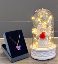 Led Işıklı Tasarımlı Fanus ve Kelebek Kolye Hediye Seti Premium Hediye Set (Model 2)