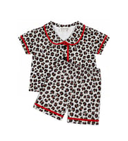 Kız Bebek Kahve Kırmızı Biyeli Leopar Desenli Şortlu Pijama Takım