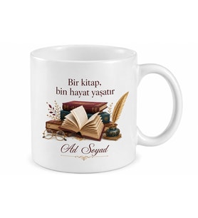 İsimli Kitap Desenli Baskılı Kupa Bardak Hediye Kitap Kurdu Özel Tasarım