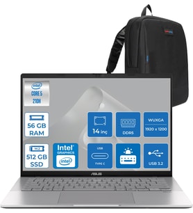 Asus Vivobook S14 Intel Core 5 210H 56GB Ddr5 512GB SSD Intel UHD Graphics 14" Wuxga IPS 60Hz 300NITS Windows 11 Home Taşınabilir Bilgisayar LY083H13 + Zettaçanta