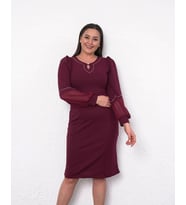 Büyük Beden Yaka Kol Detaylı Uzun Kol Midi Boy Abiye Elbise (Bordo)