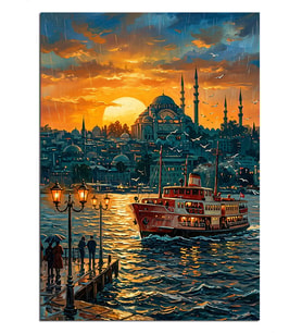 Gün Batımında İstanbul Boğaz Vapuru Dekoratif Kanvas - Mdf Ahşap Tablo