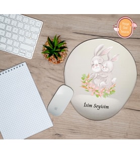 Kişiye Özel Anne Çocuk Tavşan Çiçek Temalı Mouse Pad Bilek Destekli