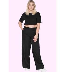 Kadın Geniş Paça Uzun Pantolon Yüksek Bel Wide Leg Düz Desen Finike Dokuma Günlük Kullanım (Siyah)