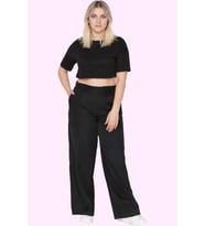 Kadın Geniş Paça Uzun Pantolon Yüksek Bel Wide Leg Düz Desen Finike Dokuma Günlük Kullanım (Siyah)