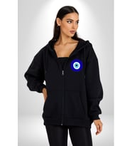 Nazar Boncuğu Kadın Erkek Siyah Kapüşonlu Fermuarlı Baskılı Hırka Sweatshirt