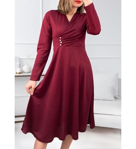 Düğme detaylı kruvaze yaka elbise (Bordo)