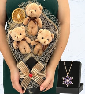 Büyük Boy 3'lü Peluş Ayıcık Buketi ve Gerçek Ametist Taşlı Lotus Kolye (Model 5)