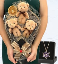 Büyük Boy 3'lü Peluş Ayıcık Buketi ve Gerçek Ametist Taşlı Lotus Kolye (Model 5)