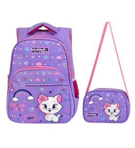WaddellBag Kız Çocuk Mor Little Kitty İlkokul Sırt Çantası Tatlı Kedi Okul Çantası