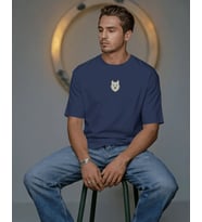 Beyaz Husky Mavi Göz Baskılı Unisex Oversize Tişört – Minimal Premium Husky Tasarım (Lacivert)