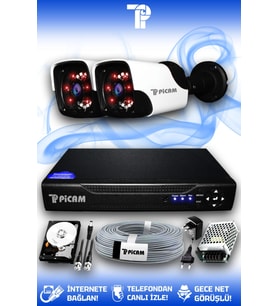 PICAM 2 Kameralı Panda 2 Dış Kamera Set 250 GB HDD Full HD Gece Görüşlü Güvenlik Kamerası Sistemi
