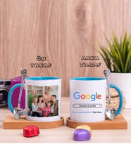 Eltiye Hediye Google Tasarım Fotoğraflı Ahşap Altlıklı Mavi Kupa