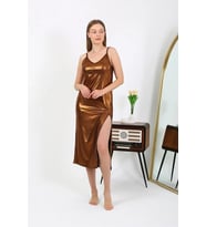 pilelistore- Kadın İp Askılı Uzun Parlak Micro Elbise Gecelik Kahverengi
