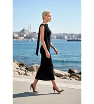 Kadın Maxi Bodycon Asimetrik Yaka Tek Uzun Kol Detaylı Örme Esnek Kumaş Astarlı Şık