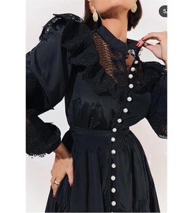 Neşeli butik kadın siyah saten kumaş inci düğmeli abiye elbise NBEMP2290