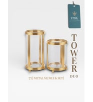 TOWER Dou  İthal 2'li Lüks Metal Mumluk Seti (Altın)