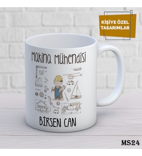 Kişiye Özel Meslek Temalı Kupa  İsimli & Fotoğraflı Premium Hediye Bardak Makine Mühendisi