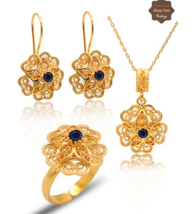 Safir Taşlı Gül Model Kadın Gold Kaplama 925 Ayar Gümüş Telkari Üçlü Set 201025481