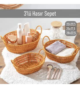 Porsima 302-A Oval 3'lü Hasır Sepet Dekoratif Ev Düzenleyici Kendinden Kulplu Hasır Sepet Seti Banyo Düzenleyici Sepet