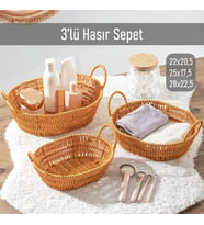 Porsima 302-A Oval 3'lü Hasır Sepet Dekoratif Ev Düzenleyici Kendinden Kulplu Hasır Sepet Seti Banyo Düzenleyici Sepet