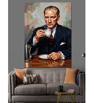 Kahvesini Yudumlayan Şık Atatürk Dekoratif Kanvas - Mdf Ahşap Tablo