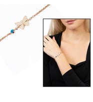 Beyaz Zirkon Taşlı Rose Renk Kelebek Tasarım Nazar Boncuğu Detaylı 925 Ayar Gümüş Kadın Bileklik