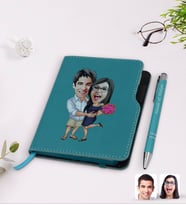 BK Gift Kişiye Özel Sevgililer Karikatürlü Turkuaz Termo Deri Defter Kalem Seti-108