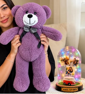 Kişiye Özel 3 Fotoğraflı Renkli LED Işıklı Fanus (vosvoslu) ve 50 cm Büyük Mor Peluş Ayıcık