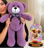 Kişiye Özel 3 Fotoğraflı Renkli LED Işıklı Fanus (vosvoslu) ve 50 cm Büyük Mor Peluş Ayıcık