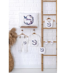 Pia Baby Premium %100 Pamuk İsme Özel Kız Bebek Hediye Seti Zıbın Yastık Kılıfı 5040-06 (Ekru)