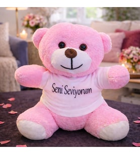 Seni Seviyorum Tişörtlü Pembe Peluş Ayıcık