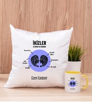 Kişiye Özel İkizler Burcuna Hediye Kare Yastık ve Sarı Kupa