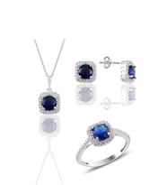 Söğütlü Silver Gümüş rodyumlu safir taşlı kare üçlü set