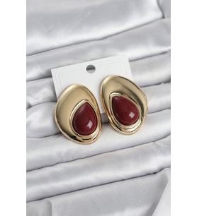 Pirinç Gold Renk Bordo Taşlı Damla Model Vintage Kadın Küpe - TJ-BKP11682