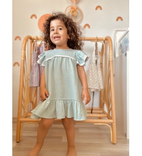 KIZ ÇOCUK SU YEŞİLİ MÜSLİN ELBİSE - BEBEK ELBİSESİ