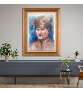 Altın Varaklı Çerçeveli Paspartulu Atatürk Tablo DC0880 (Gold)