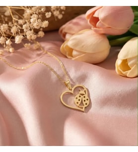 Kişiye Özel 925 Ayar Gümüş Uğur Böceği Detaylı Kalp Kolye (Gold)