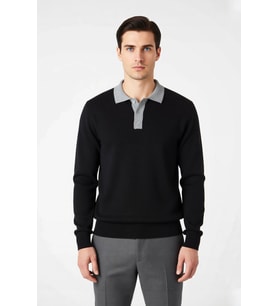 Erkek Polo Yaka Renk Bloklu Triko Kazak Regular Kalıp Uzun Kol Soğuk Havalar İçin Modern Stil
