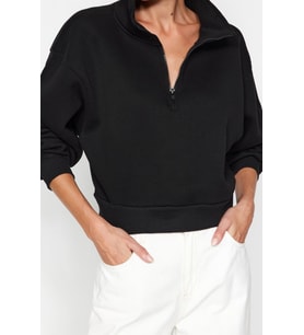 Fitted Fermuarlı Yaka Crop Rahat Kesim Crop Basic Fermuarlı Kalın Polarlı Örme Sweatshirt