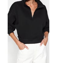 Fitted Fermuarlı Yaka Crop Rahat Kesim Crop Basic Fermuarlı Kalın Polarlı Örme Sweatshirt