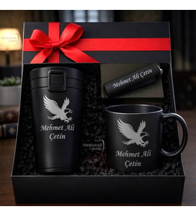 İsme Özel Erkek & Kadın Kartal Logolu Lüks Hediye Seti - Çelik Termos Bardak Çakmak Kupa - Premium Hediye Paketli