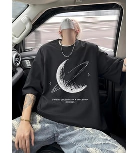 Baskılı Oversize Bisiklet Yaka T-shirt - Siyah